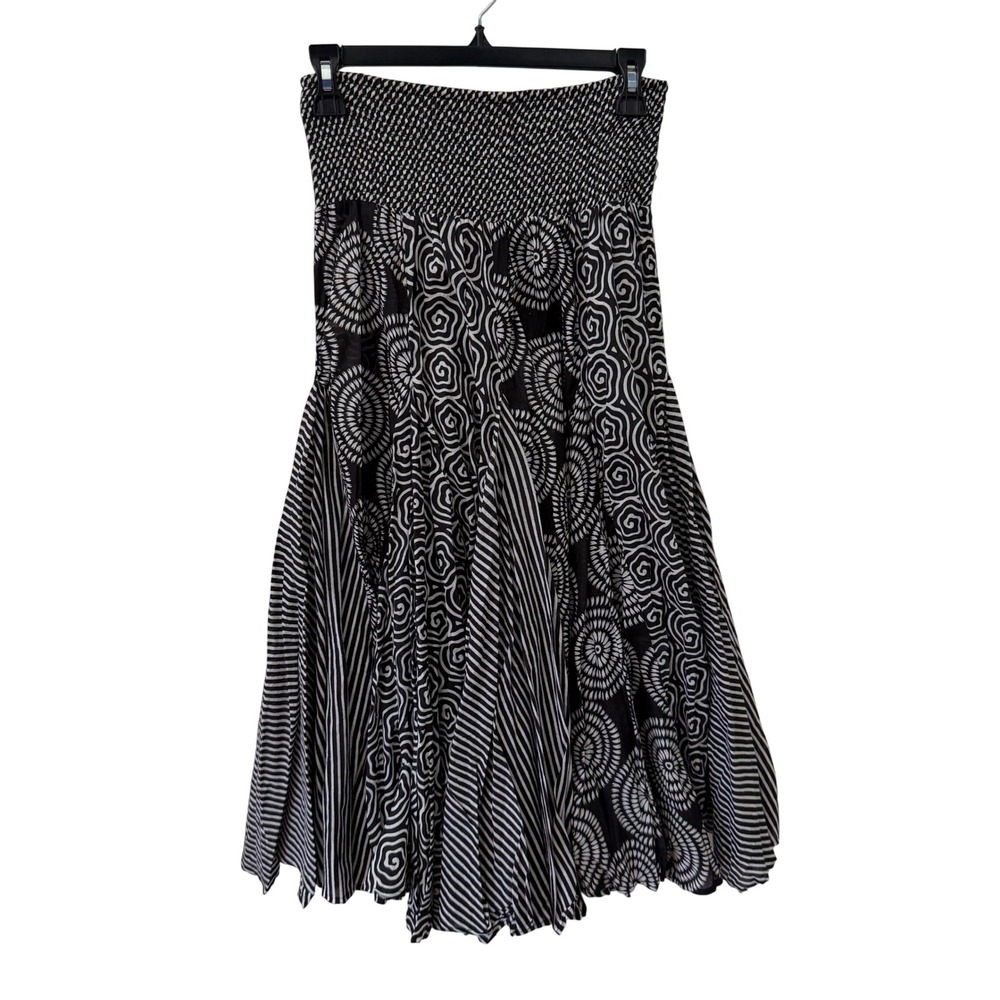Grace Elements Midi Skirt S Black White Mixed Print Smocked Cotton Boho